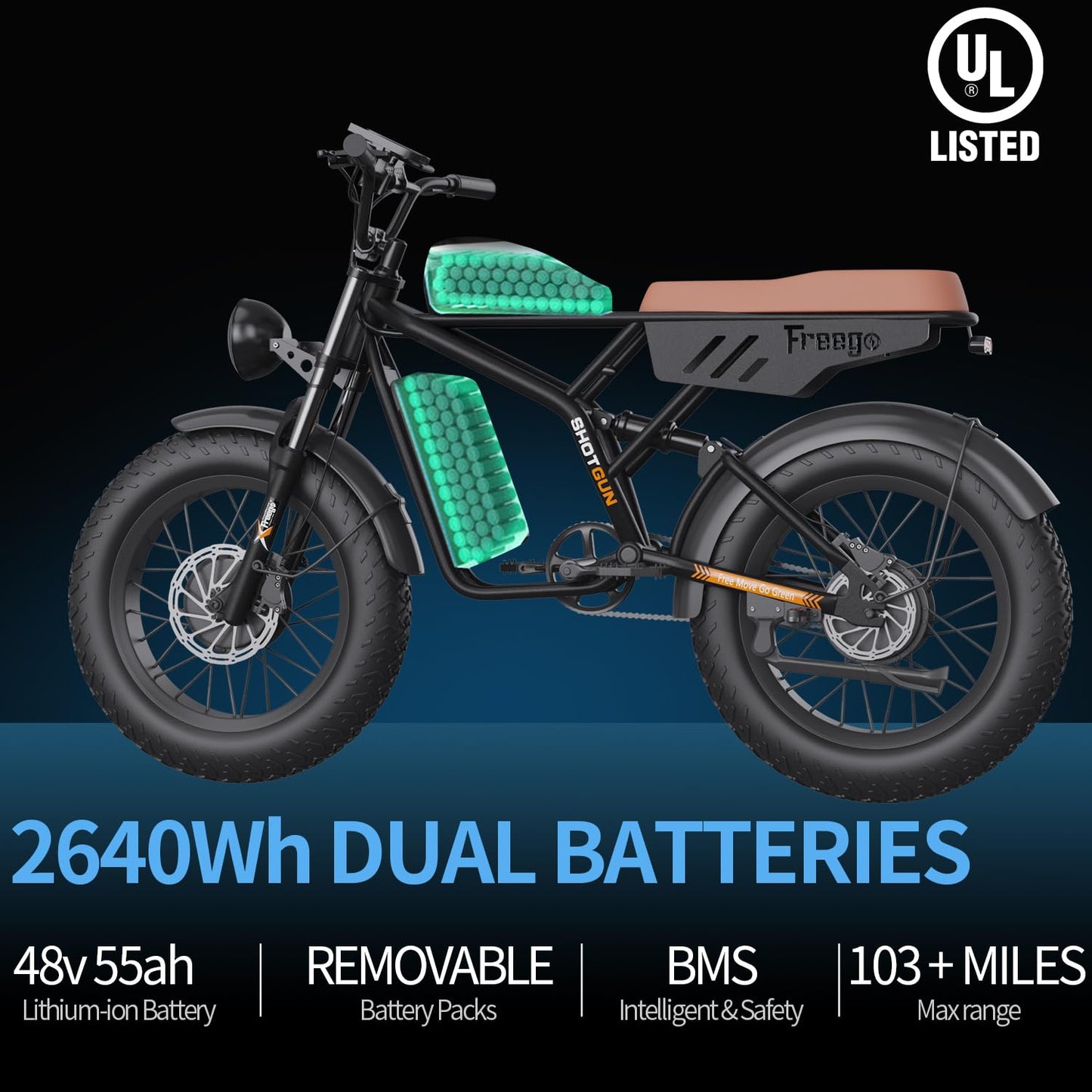 Freego Electric Bike for Adults, Dual Motor & Dual Battery, 2000W/48V/55Ah, 20"x4.0" Fat Tires Off Road Electric Bicycle with Removable Battery, 34MPH & 103 Miles Long Range E Bike UL Certified