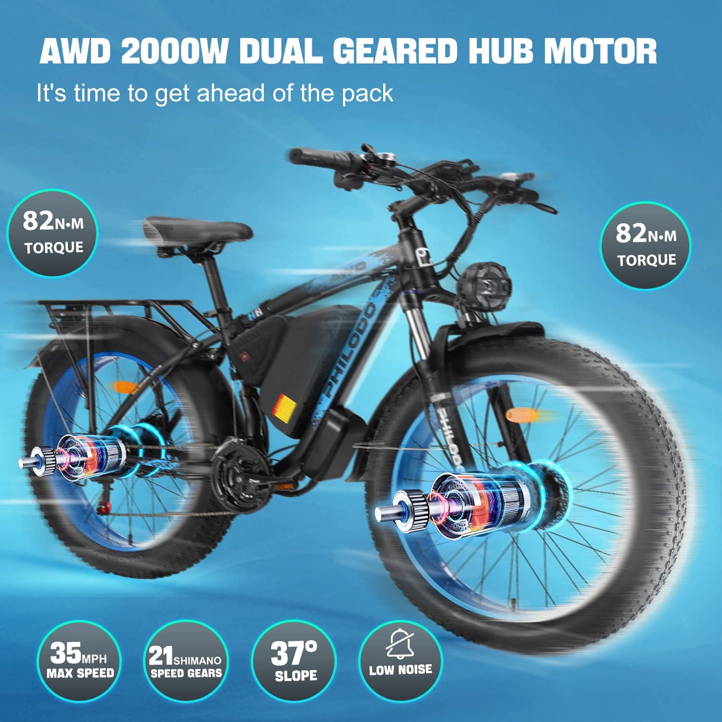 PHILODO Electric Bike for Adults, 48V 23Ah Fat Tire Ebike Dual Motor AWD 2000W 35MPH Electric Bicycles 21-Speed with Ignition Lock Hydraulic Disc Brakes