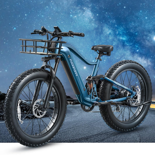 PUCKIPUPPY Boxer Electric Bike for Adults 1000W, 48V 20AH Battery Ebike, Full Suspension 26" Fat Tire E Bike, 28MPH 80Miles Range Mountain Electric Bicycle, 7 Speed Hydraulic Disc Brakes Blue