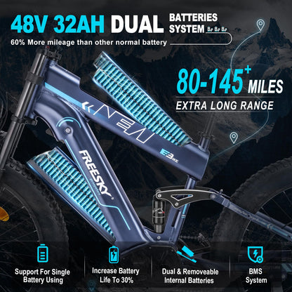 FREESKY 2024 Upgraded 𝐃𝐮𝐚𝐥 𝐁𝐚𝐭𝐭𝐞𝐫𝐲 48V 𝟑𝟐𝐀𝐇 𝟏𝟔𝟎𝟎𝐖 BAFANG Motor 145 Miles Long Range Electric Bike for Adults 35MPH+ 26" Fat Tire Full Suspension E Bike with Dual Hydraulic Brakes