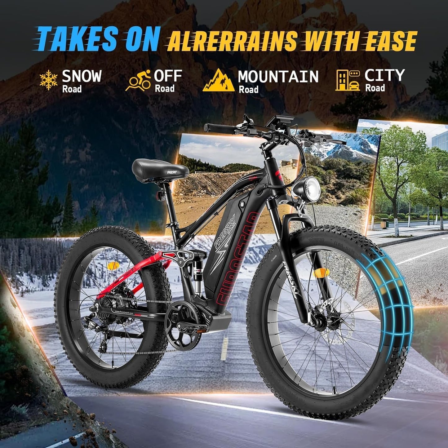 FREESKY Electric Bike for Adults - 1000W/Peak 1500W, 33MPH, 48V 20Ah Battery Ebike, 26" Fat Tire, Full Suspension Electric Bicycle with Shimano 7-Speed Gears & Dual 4-Piston Hydraulic Disc Brakes